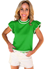 Bright Green Contrast Trim Ruffled Sleeve Knit Blouse