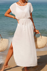 White Flowy Drawstring Side Slit Beach Cover Up Dress