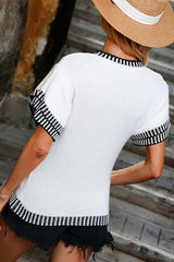 White Contrast Trim Round Neck Batwing Sleeve Knitted T Shirt