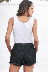Black Casual Drawstring Pocketed Frayed Hem Denim Shorts