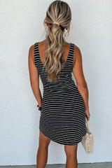 Black Striped Backless Ribbed Knit Mini Dress - Ninonine