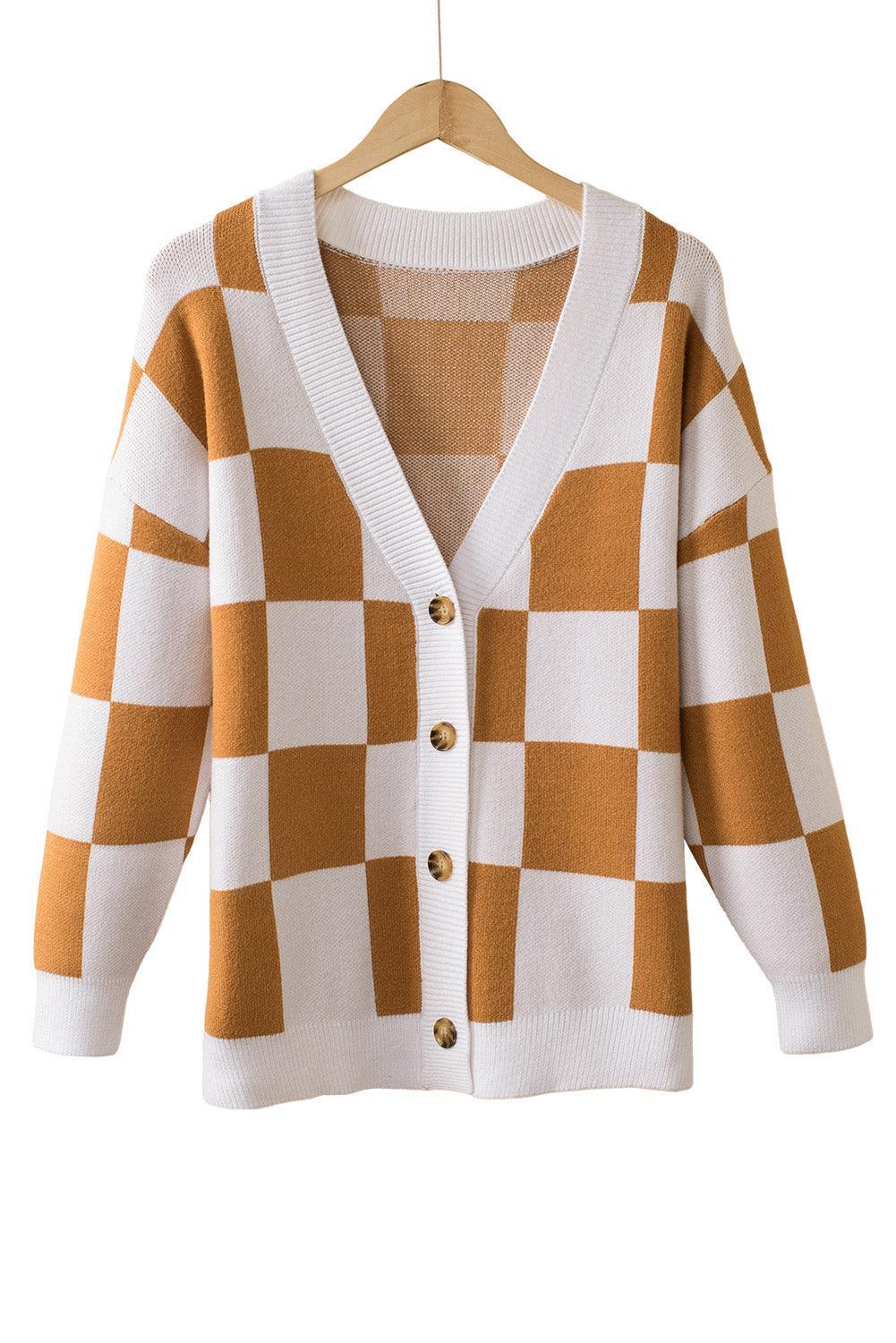 Brown Colorblock Plaid Ribbed Knit Button Up Cardigan - Ninonine