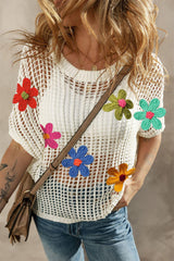 White Hollowed Crochet Colorful Flower Loose Knit T Shirt