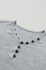 Gray Floral Lantern Sleeve Patchwork Buttoned V Neck Top