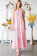 Pink Abstract Print Patchwork Sleeveless V Neck Tiered Dress