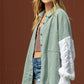 Green Cable Knit Patchwork Sleeve Raw Hem Shacket