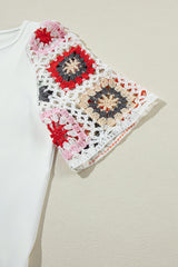 White Floral Hollowed Crochet Sleeve Boho T Shirt