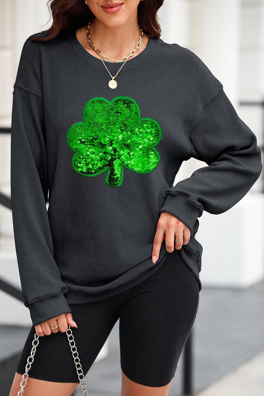 Black Sequin Embroidered Clover Corded Graphic Sweatshirt - Ninonine