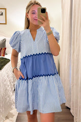 Sky Blue Striped Patchwork Puff Sleeve Pocketed Mini Dress - Ninonine