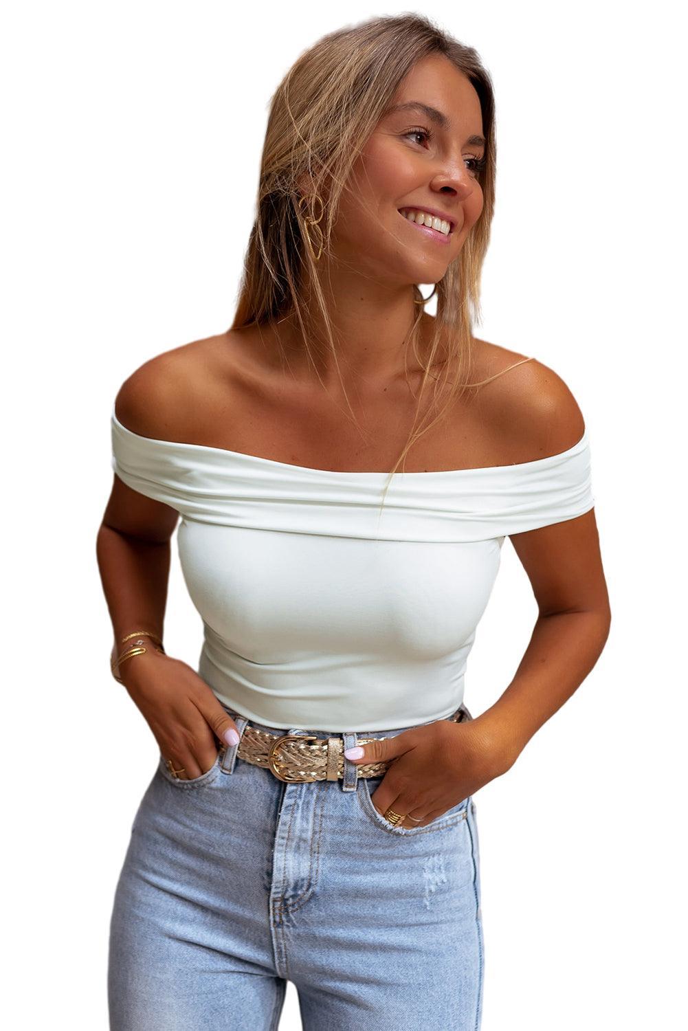White Solid Color Folded Off Shoulder Slim Shirt - Ninonine