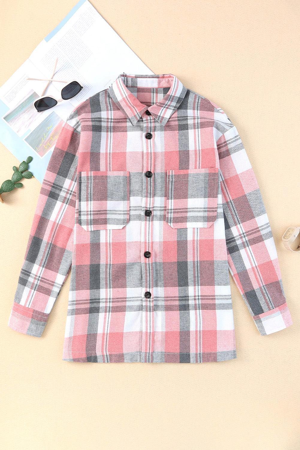Pink Long Sleeve Collared Button Up Flannel Shacket - Ninonine