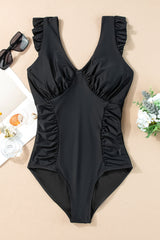 Black Ruched Frill Sleeveless One Piece Swimsuit
