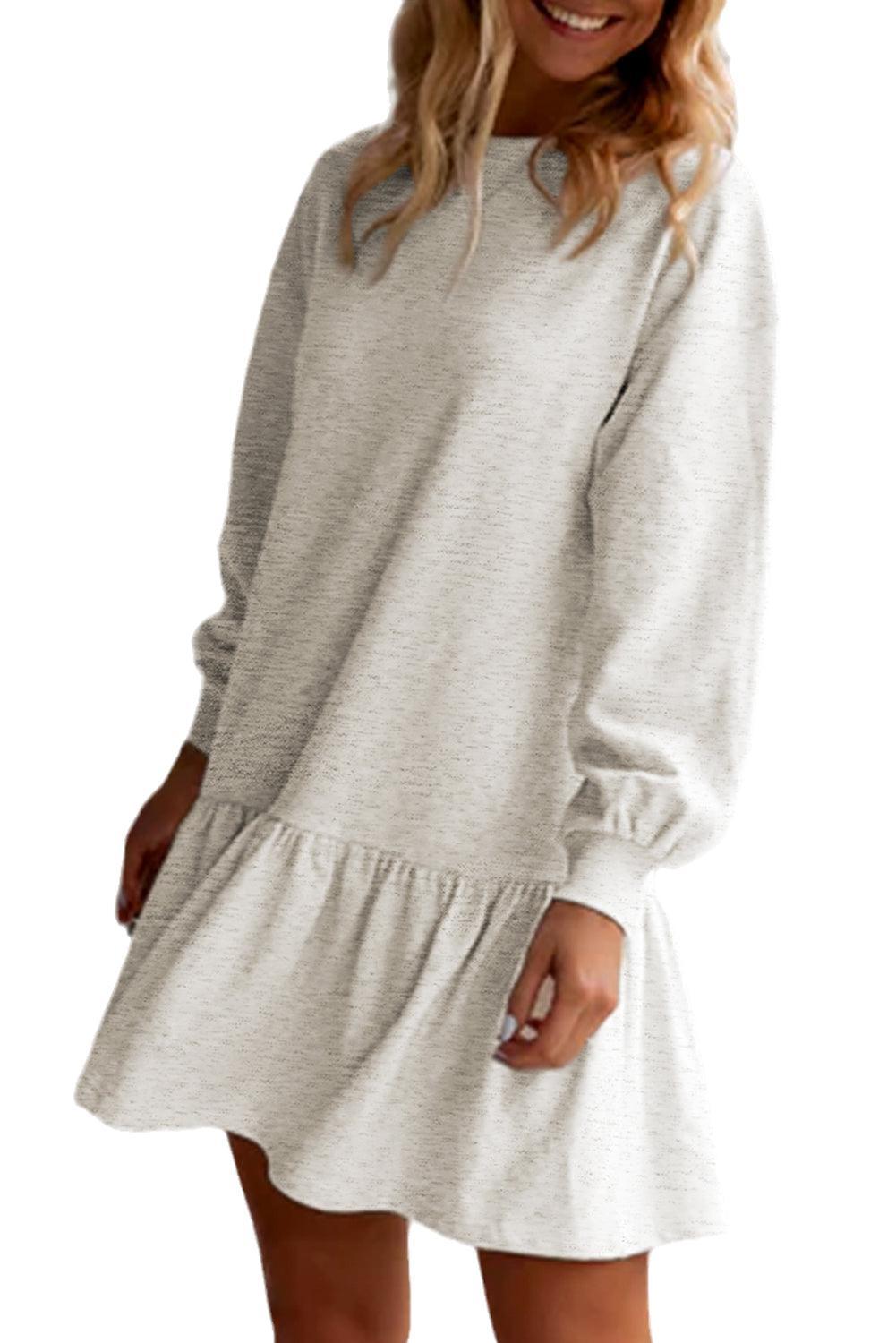 White Solid Color Ruffle Hem Mini Sweatshirt Dress - Ninonine