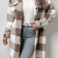Brown Fleece Plaid Pocketed Button Up Midi Coat
