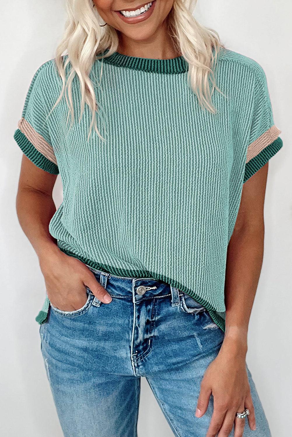 Grass Green Textured Contrast Color Round Neck T Shirt