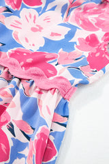 Pink Floral Printed V Notched Ric Rac Flutter Short Dress