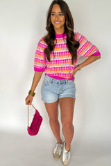 Red Colorblock Short Sleeve Texture Knitted Top