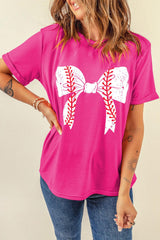 Rose Red Casual Baseball Bowknot Graphic Tee