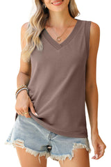 Simply Taupe Contrast Trim V-Neck Loose Fit Tank Top