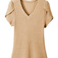 Camel Petal Sleeve Waffle Knit V Neck T-Shirt