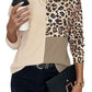 Pale Khaki Casual Waffle Knit Leopard Contrast Long Sleeve Top