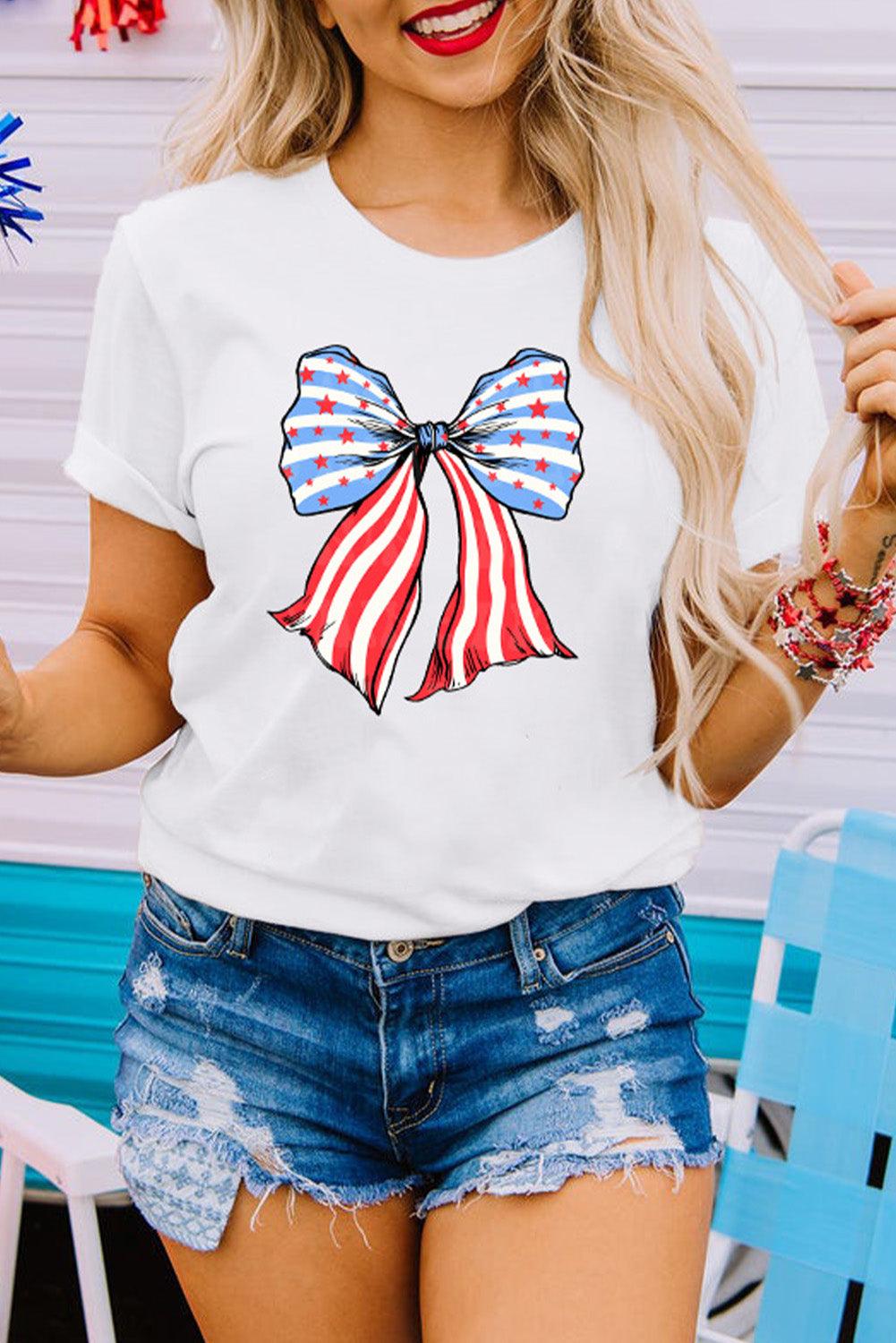 White Stripes and Stars Bowknot Graphic T Shirt