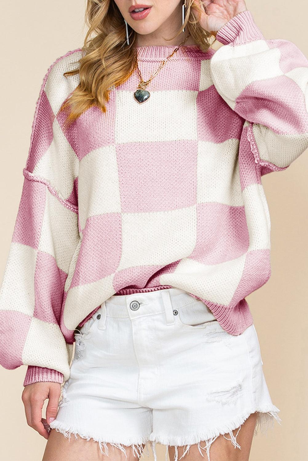 Pink Checked Bishop Sleeve Pullover Sweater - Ninonine