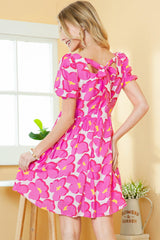 Rose 60s Floral Print Puff Sleeve Babydoll Short Dress