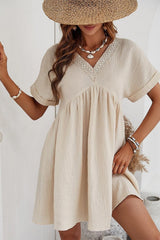 Beige Lace Splicing V Neck Rolled Up Sleeve Empire Waist Mini Dress