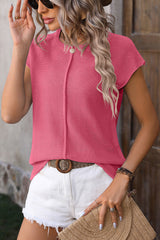 Rose Red Knit Exposed Seam Cap Sleeve Round Neck T Shirt