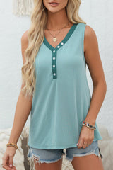 Mint Green Button Contrast V Neck Corded Tank Top