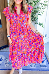 Multicolour Boho Abstract Print Ruffle Shoulder Tiered Midi Dress - Ninonine