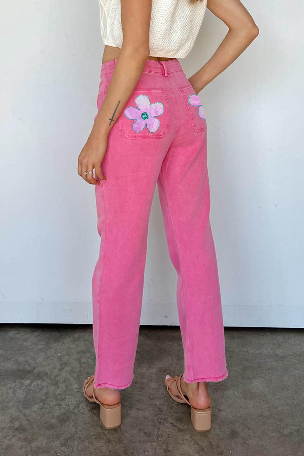 Pink Flower Graphic Raw Hem Flare Jeans - Ninonine