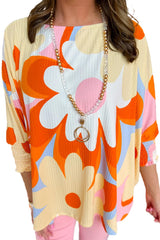 Yellow Colorful Floral Print Ribbed Dolman Blouse