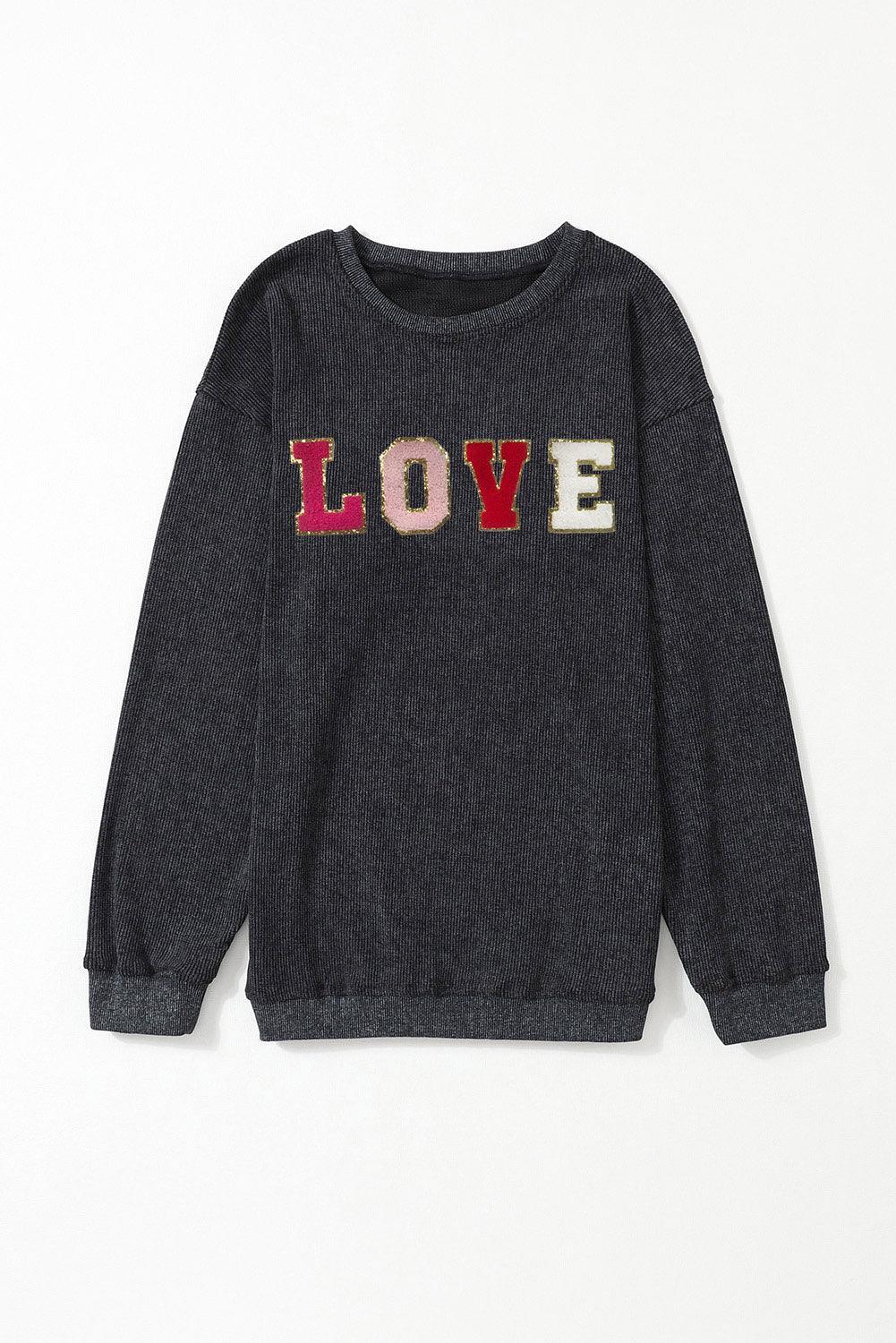 Black Glitter LOVE Letter Graphic Corded Baggy Sweatshirt