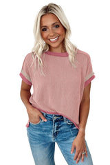 Light Pink Textured Colorblock Round Neck T Shirt