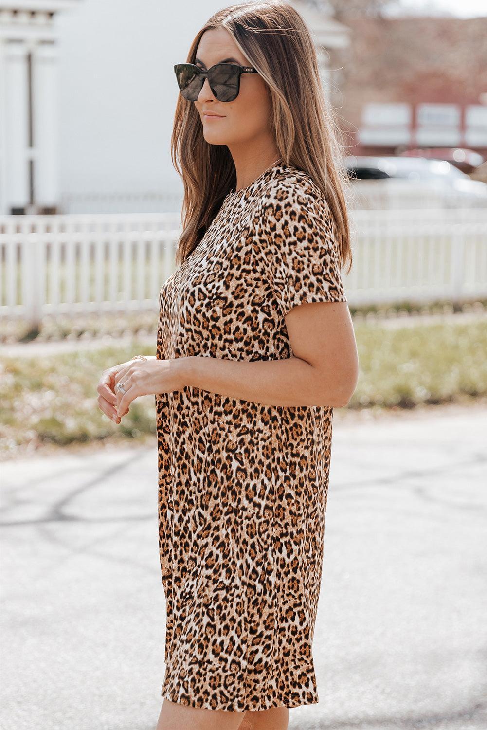 Casual Short Sleeve A-Line Crewneck Leopard Print Dress - Ninonine