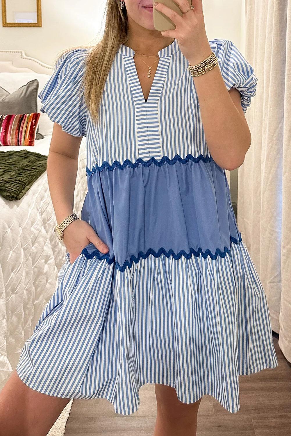 Sky Blue Striped Patchwork Puff Sleeve Pocketed Mini Dress - Ninonine