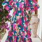 Multicolor Boho Floral Print Square Neck Ruffle Maxit Dress