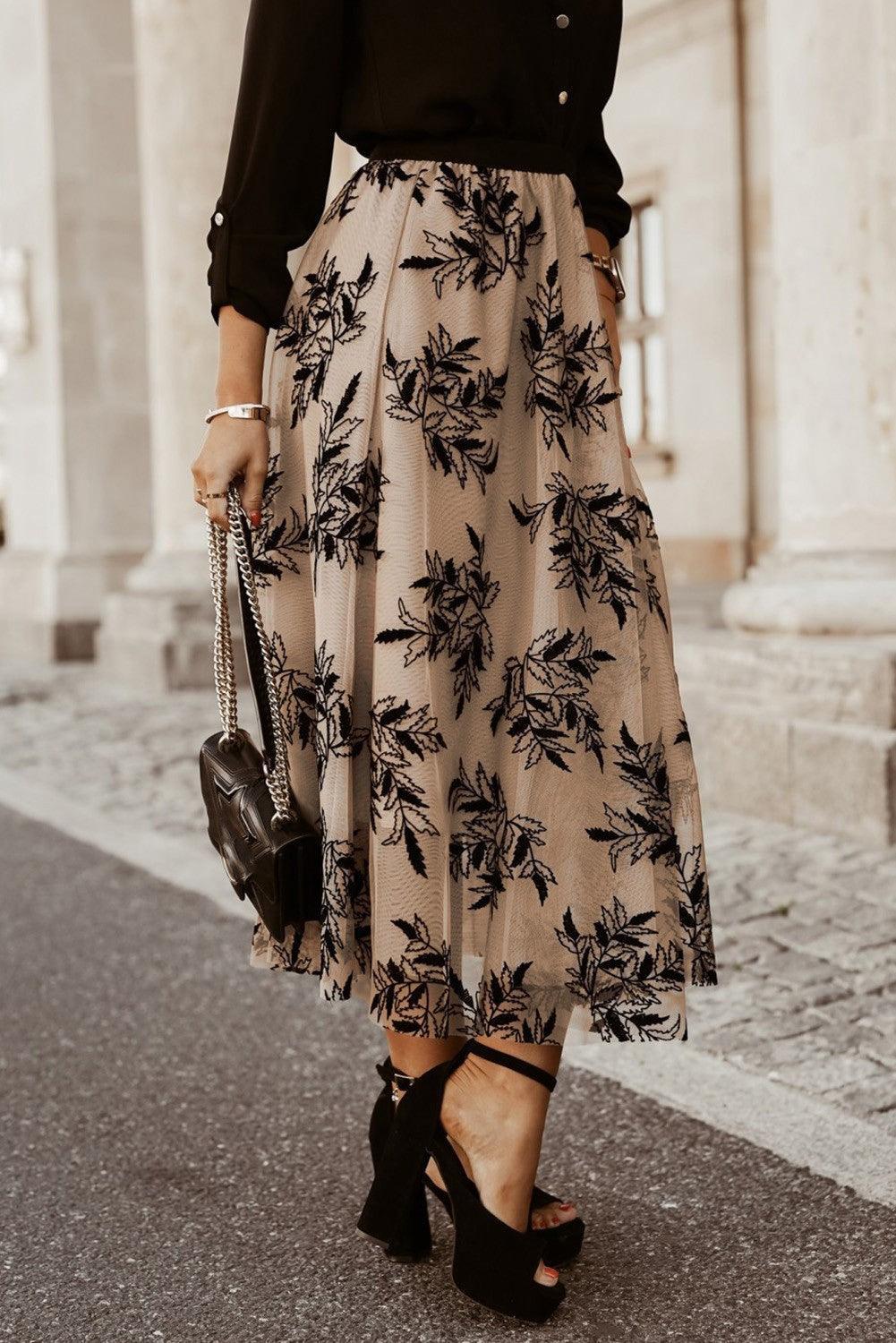 Apricot Floral Leaves Embroidered High Waist Maxi Skirt - Ninonine