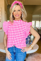 Rose Red Checkered Ruffled Trim Frilled Neck Blouse