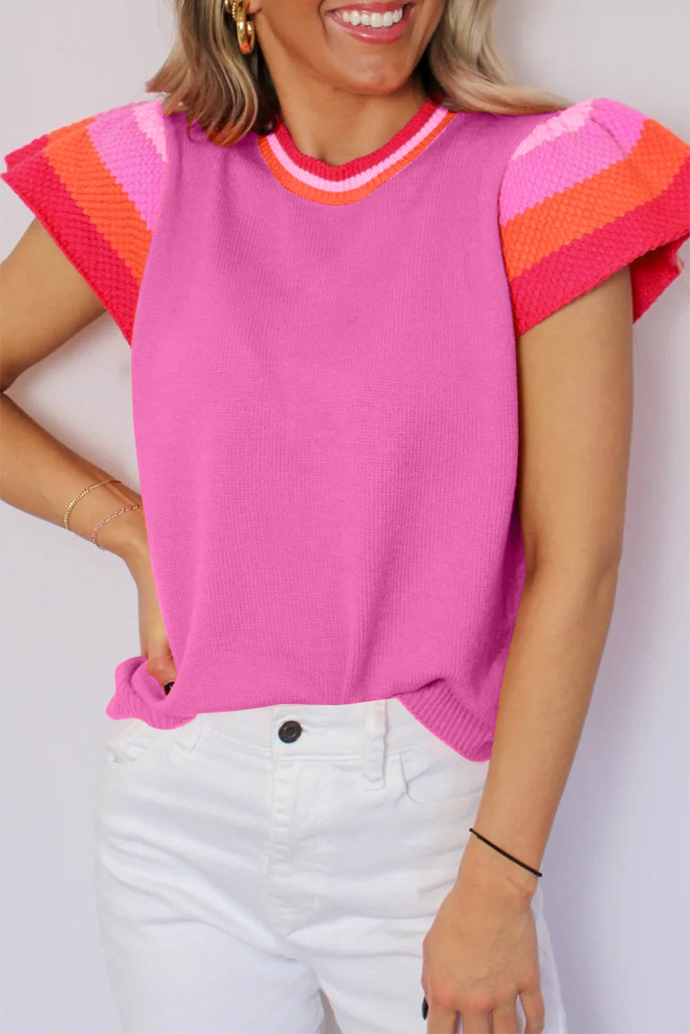 Bright Pink Contrast Sleeve Striped Round Neck Knitted Tee