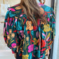 Green Floral Print Knot Split Neck Puff Sleeve Blouse