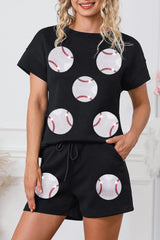 Black Texture Sequin Baseball Graphic Tee & Drawstring Shorts Set