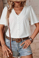 White Lace Spliced Short Sleeve Blouse