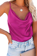 Rose Red Cowl Neck Criss Cross Strap Satin Cami Top