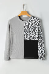Light Grey Leopard Colorblock Waffle Knit Top