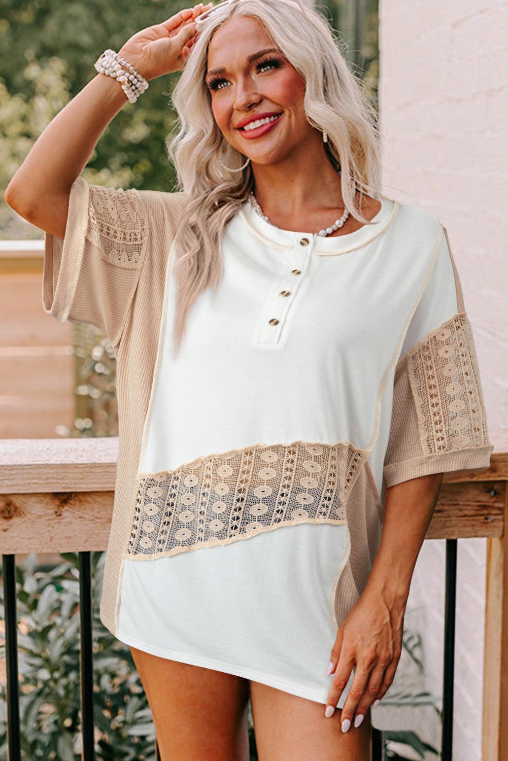 White Lace Splicing Ribbed Patchwork Short Sleeve Henley Top - Ninonine
