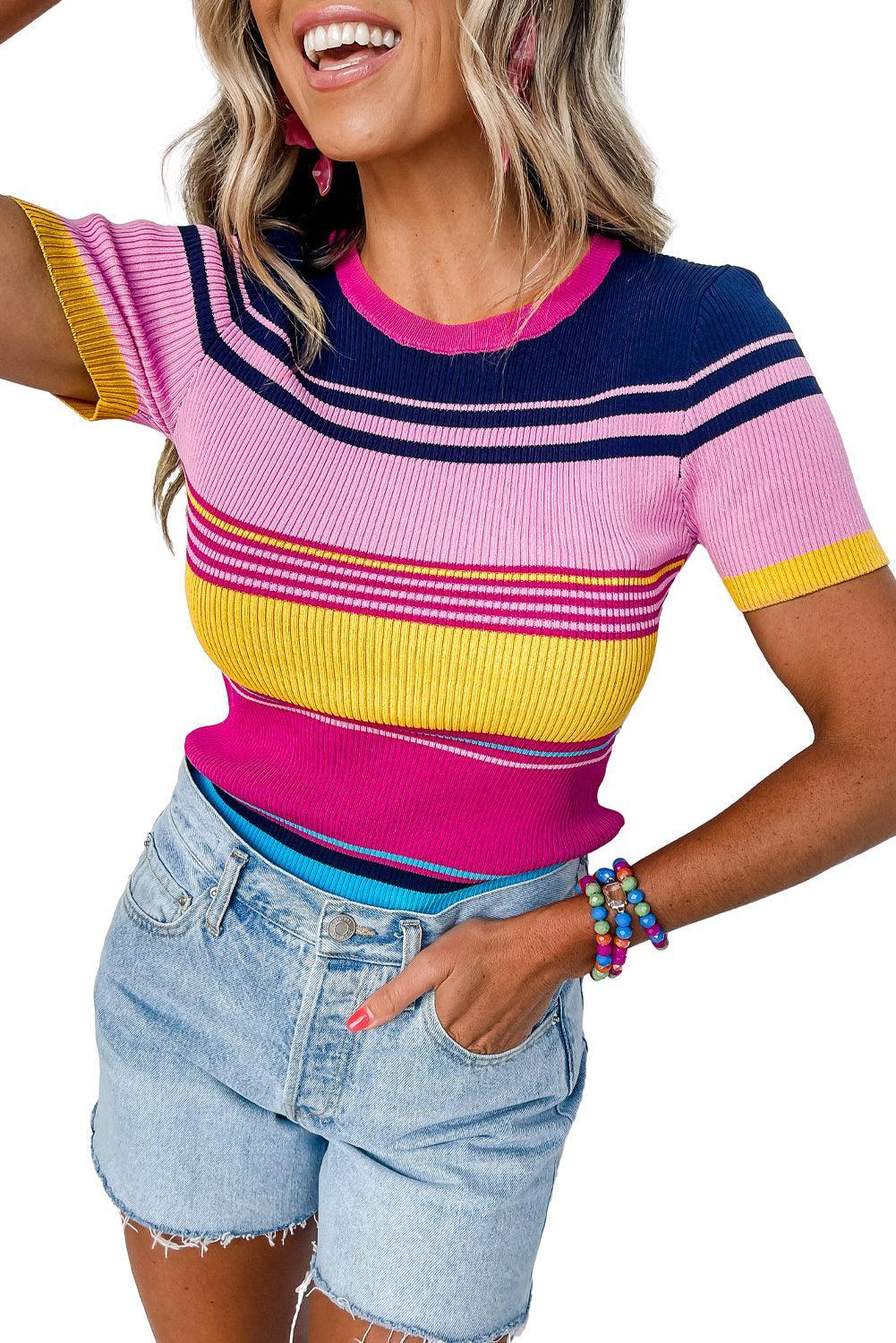 Pink Mixed Striped Ribbed Knit Short Sleeve Shirt - Ninonine