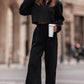 Black Zipped Collared Cropped Top and Wide Leg Pants Set
